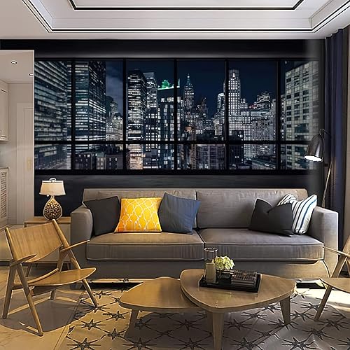 Papel tapiz fotográfico 3D con vista nocturna de la ciudad de Nueva York, edificios urbanos fuera de la ventana, decoración de pared para sala de