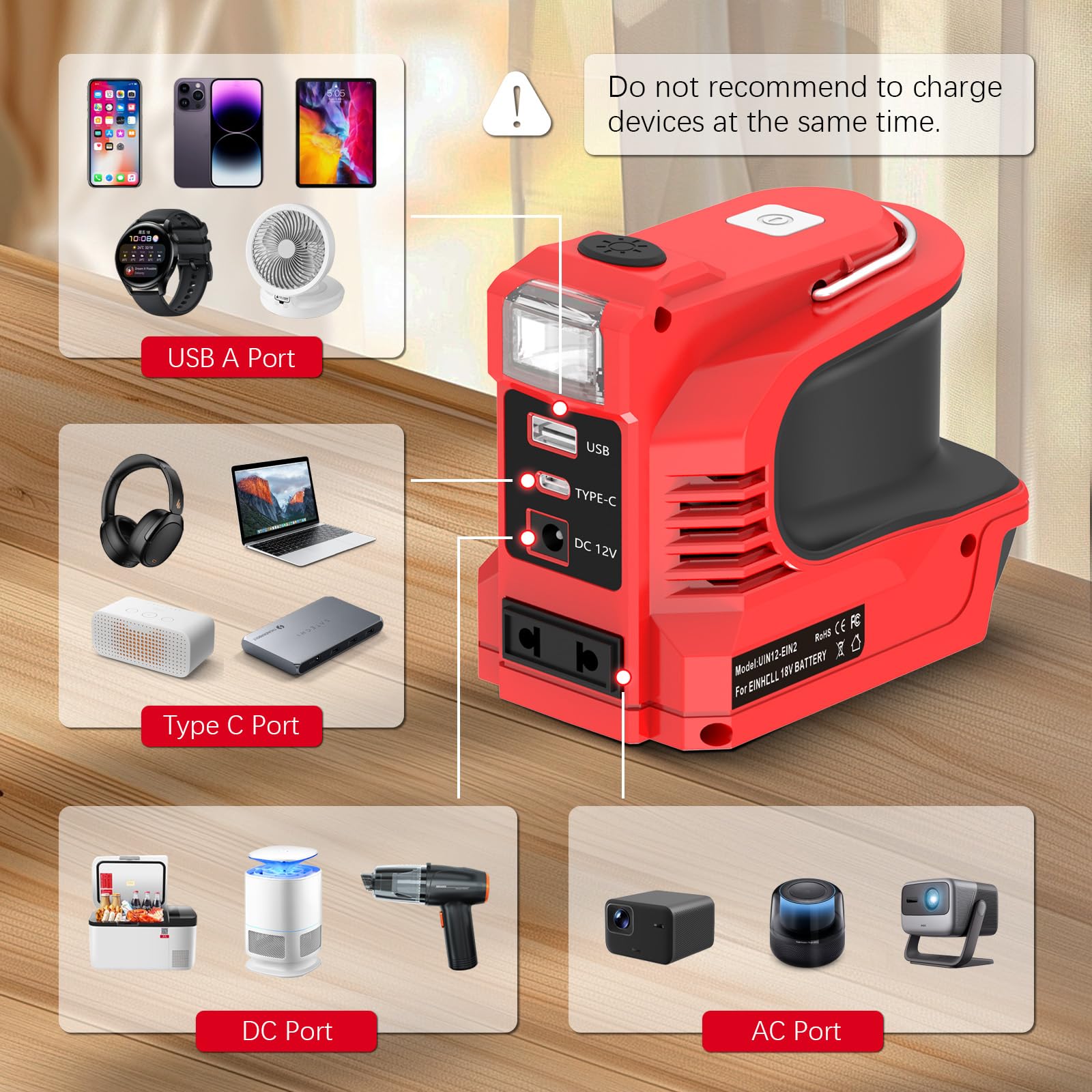 Inverter per batteria Einhell da 18 V, DC 18 V a AC 220 V, adattatore con connettore USB Type-C DC12 V e lampada LED, unità di emergenza per campeggio