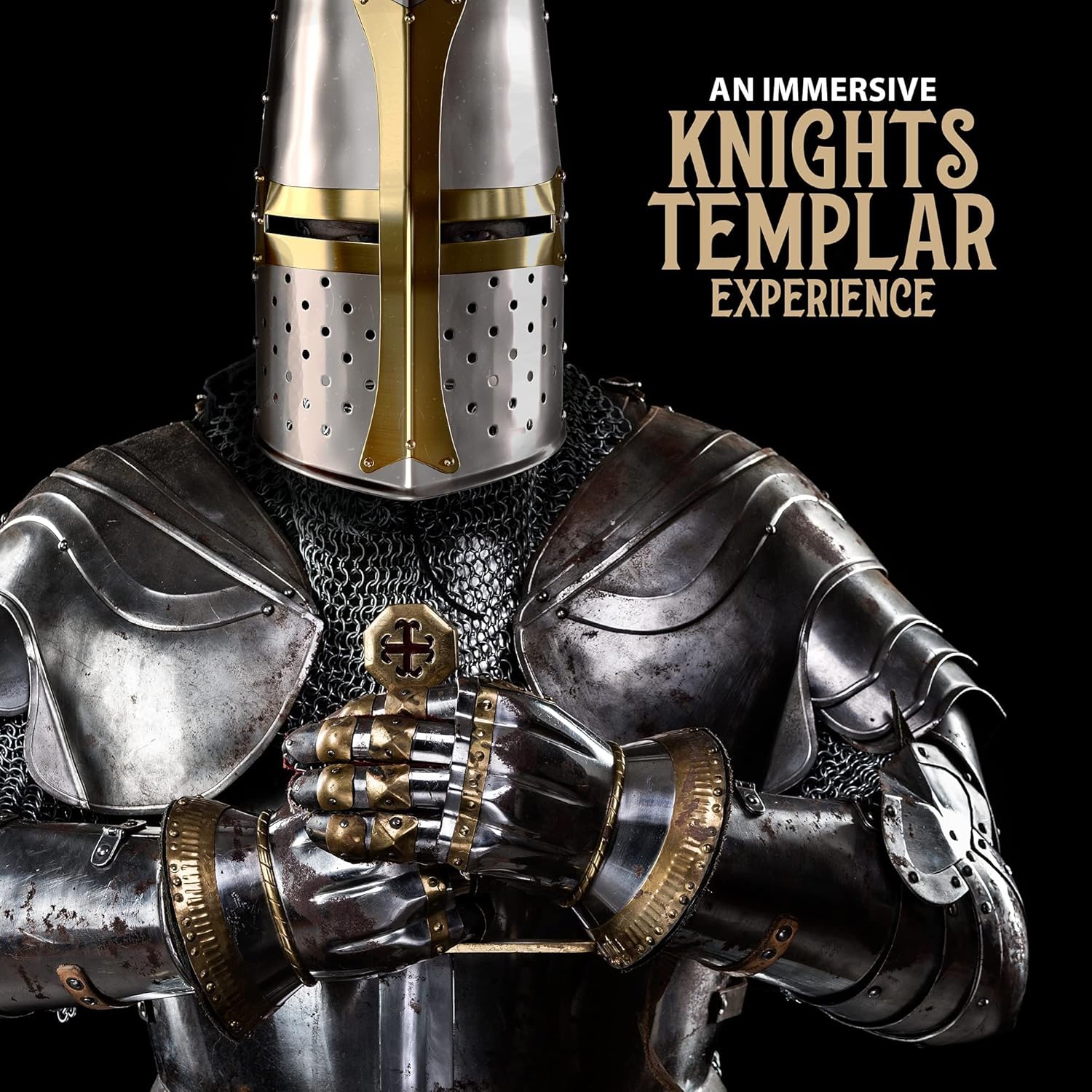 3 Piece Decorative Set - Medieval Brass Crusader Helmet, Chainmail Armor Coif Costume, Wooden Helmet Stand Display - Real Metal - Adult Cosplay, LARP, Knights Templar, Renaissance Accessories : Clothing, Shoes & Jewelry