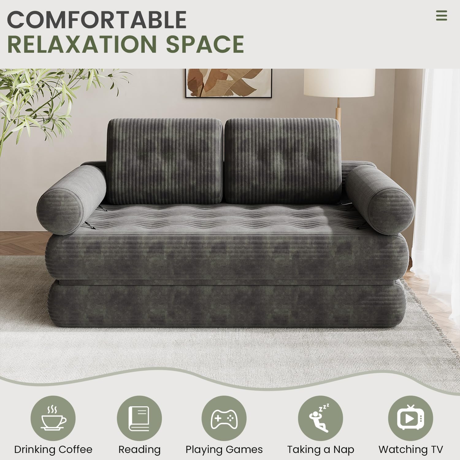 59" Convertible Sofa Bed, 5-in-1 Folding Sleeper Chair - Grey, Full | Loveseat Fold Out Boneless Couch Futon Floor Mattress Lounge with Pillows Removable Armrests for Dorm Apartment Living Room