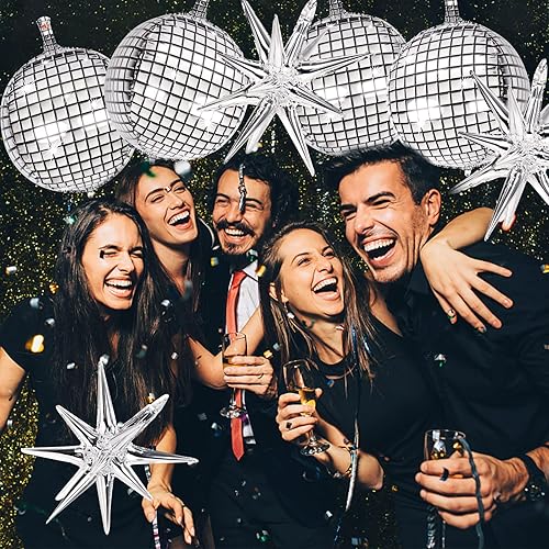 Miniatura 5 de 8 globos plateados de 22 pulgadas, globos de aluminio grandes 4D con estrella metálica para discoteca de los años 70, fiesta de cumpleaños,