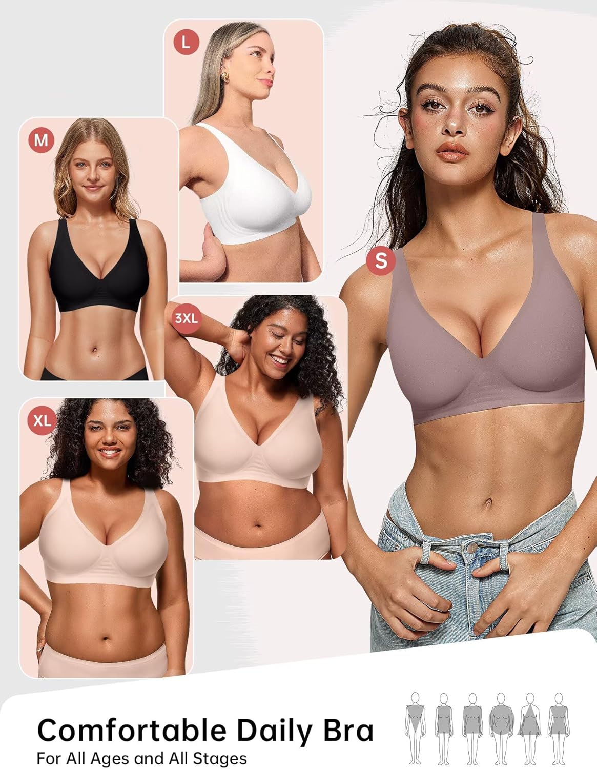 Vertvie Jelly Wireless Bras for Women Push Up Plunge Seamless T-Shirt Bras No Underwire Supportive Full Coverage Bralettes - Image 5