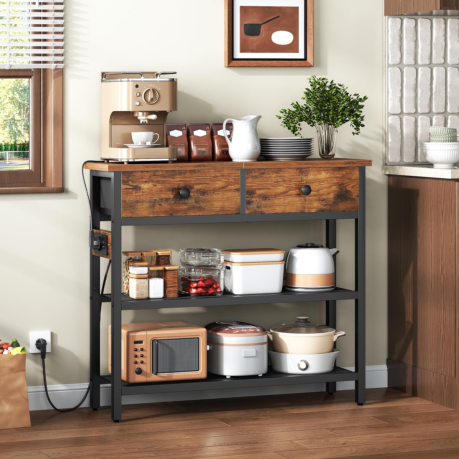HOOBRO Mesa de Consola de 75 cm, Mesa de Entrada con Regleta, 2 Cajones de Tela, Estantes de Rejilla Metálicas, Expositor, para Entrada, Pasillo, Sala de Estar, Marrón Rústico y Negro EBF72CXG01