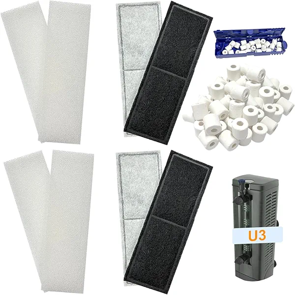 beaufan 2 Set Aquarium Filter Media Compatible with Fluval U3 Underwater Filter, Include 4 Carbon Foam Filter Pads, 4 Sponge Filters and 1 Ceramic Ring, Fit for Freshwater and Saltwater Aquariums