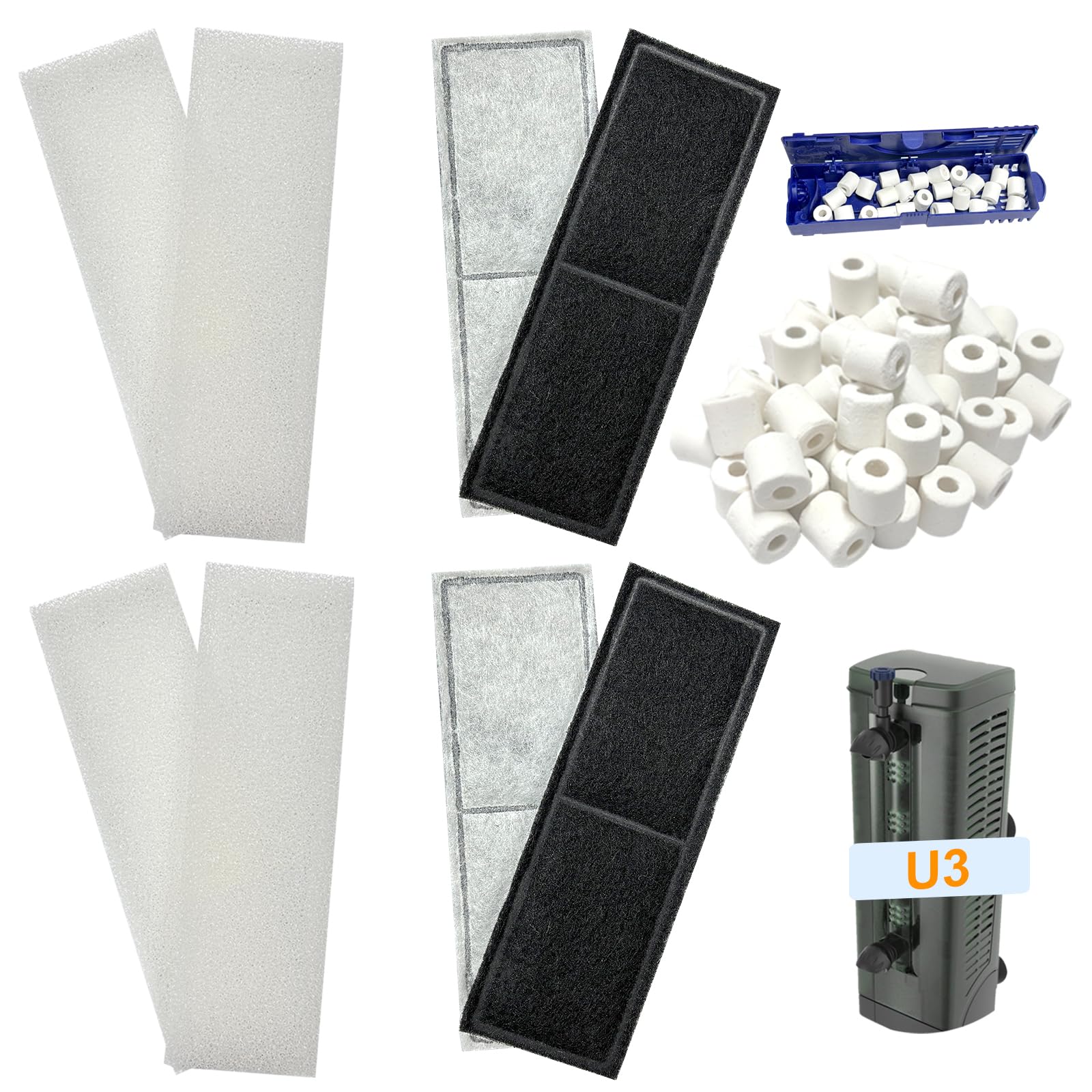 9-Piece Aquarium Filter Media Kit Compatible with Fluval U3 Internal Filter – Includes 4 Poly Carbon Filters, 4 Internal Filter Foam Pads and 1 Ceramic Ring, Suitable for Freshwater & Saltwater Tan