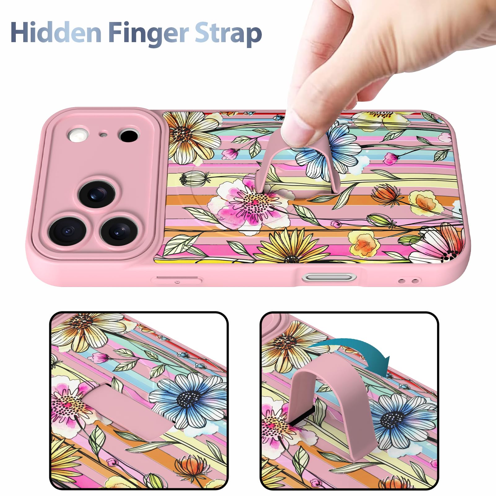 AIGOMARA Custodia magnetica per iPhone 17 Pro - Rosa, motivo floreale a | [Compatibile con MagSafe] Rosa Blu Disegno Fiore Colorato Morbido TPU Hard PC Back Anti-caduta Sottile Cover con Finger Strap