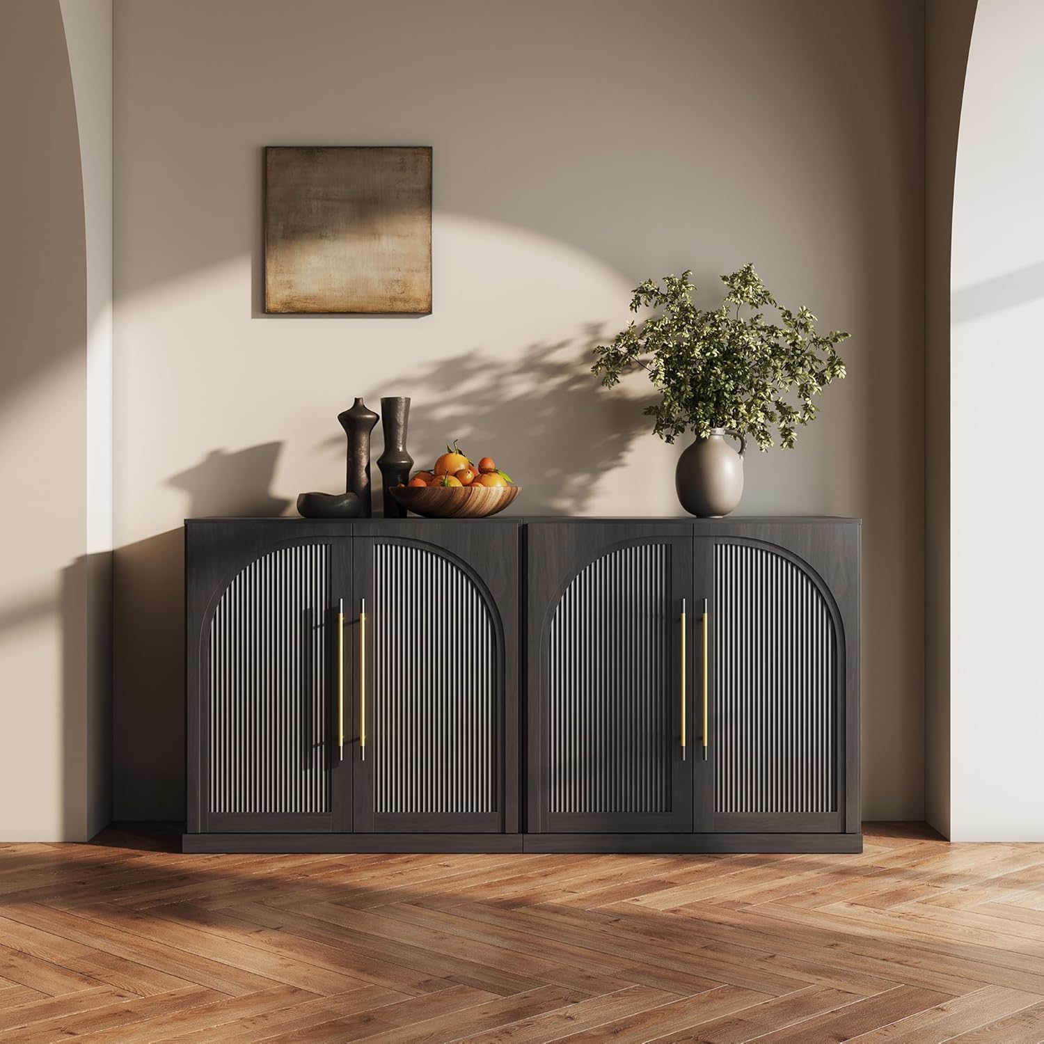 BELLEZE Arched Bookshelf with Glass Doors Set of 2, 71" Tall Wood Display Cabinet with Adjustable Shelf and Hutch, 5 Tier Modern Bookcase Shelf with Storage for Living Room Office, Camel