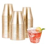 JOLLY CHEF 100 Pack 9 oz Gold Plastic Cups, Disposable Gold Glitter Plastic Cups Perfect for Wedding Thanksgiving, Christmas Party Cups