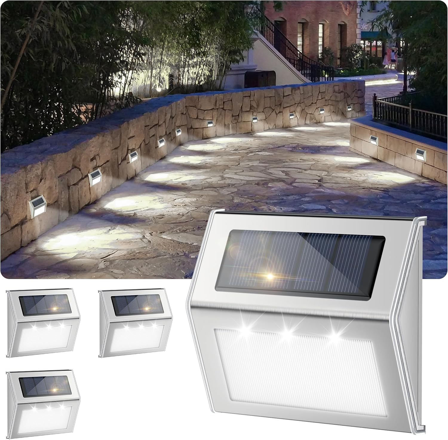 HINTSUM Solar Outdoor Step Lights 4 Pack, Solar Fence Garden Step