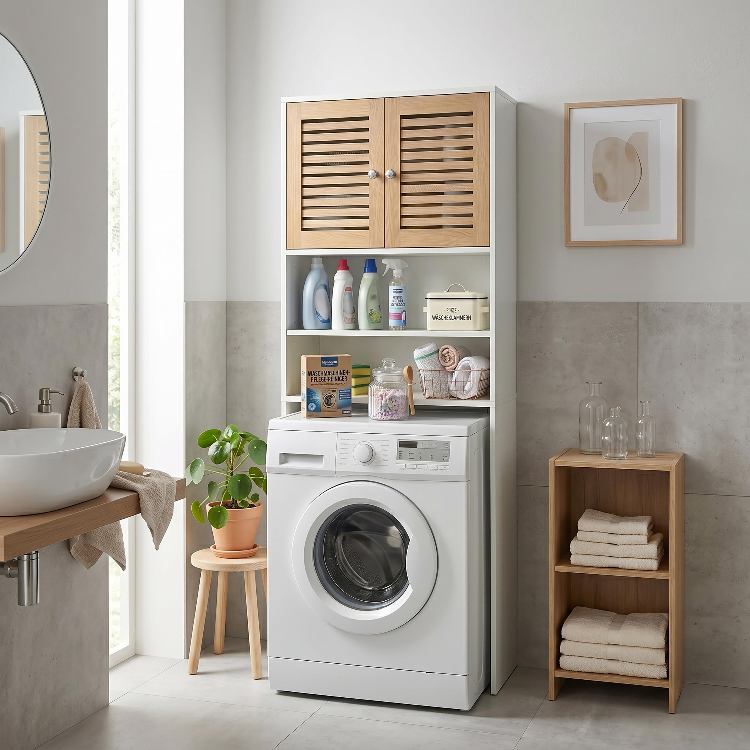 Relaxdays Mueble sobre Lavadora, 4 Compartimentos, Blanco | Para lavadora/secadora/inodoro, 185,5 x 65 x 24 cm