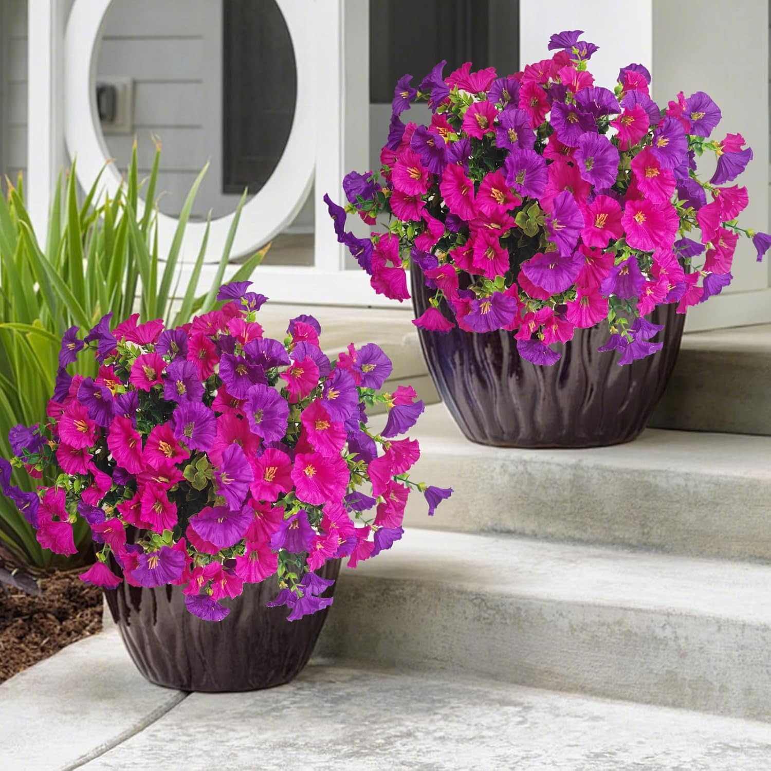 Artificial Flowers Outdoor Decor - 12 Bundles UV Resistant Faux Plants Vibrant Purple Morning Glory for Garden Porch Home Decor, Wedding Party Decoration, No Fade Weatherproof Plastic Flowers