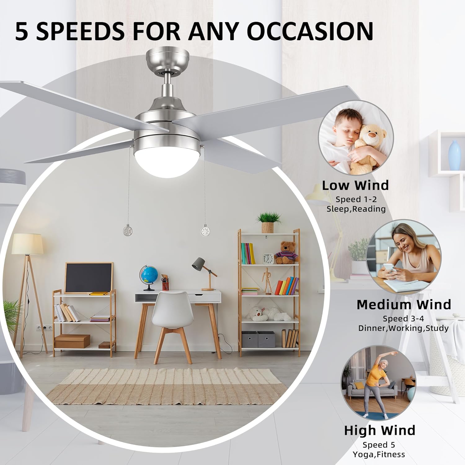 52 Inch Silver Pull Chain Ceiling Fan with Reversible DC Motor, 3-color LED Light Adjustable, 5 Speeds Quiet Reversible DC Motor, 4 Plywood Blades Modern Ceiling Fan for Living Room, Bedroom, Kitchen