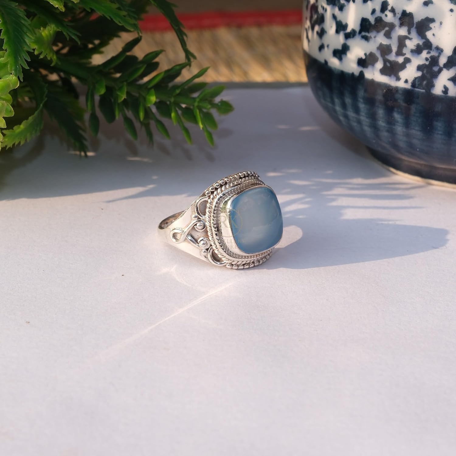 Blue Chalcedony Pure 925 Sterling Silver Boho Stacking Ring Chalcedony Gift Jewelry For Women