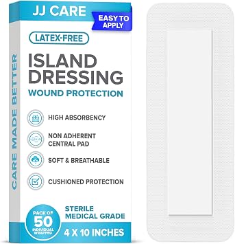 Adhesive Island Dressing [Pack of 50], 4 x 10 Sterile Bordered Gauze, Breathable Island Wound Dressing, Individually Wrapped Adhesive Gauze Bandages with Non-Stick Central Pad