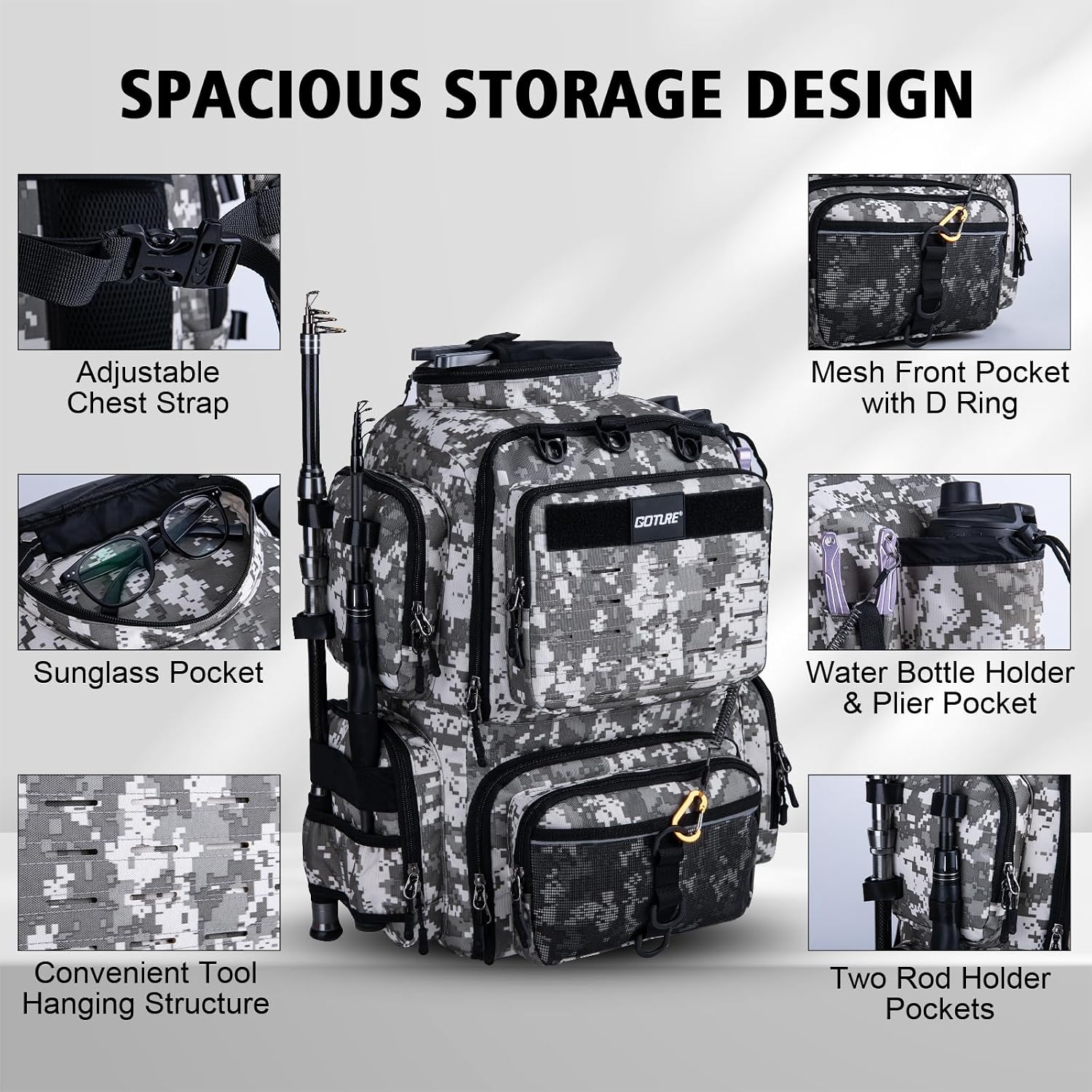 Goture Fishing Backpack, 900D Water-Resistant Tackle Backpack with Rod Holders, 45L Large Fishing Bag Storage Gear Tackle Bag with 8 Lure Pockets, Rain Cover for Camping Hiking(Without Tackle Box)