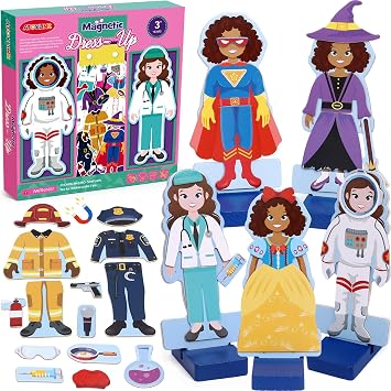 Atoylink Wooden Magnetic Dress up Dolls for Girls Pretend Play Set, Princess/Witch/Occupations Community Helpers Matching Games Fashion Paper Dolls for Toddlers Preschool Learning Toys Gifts