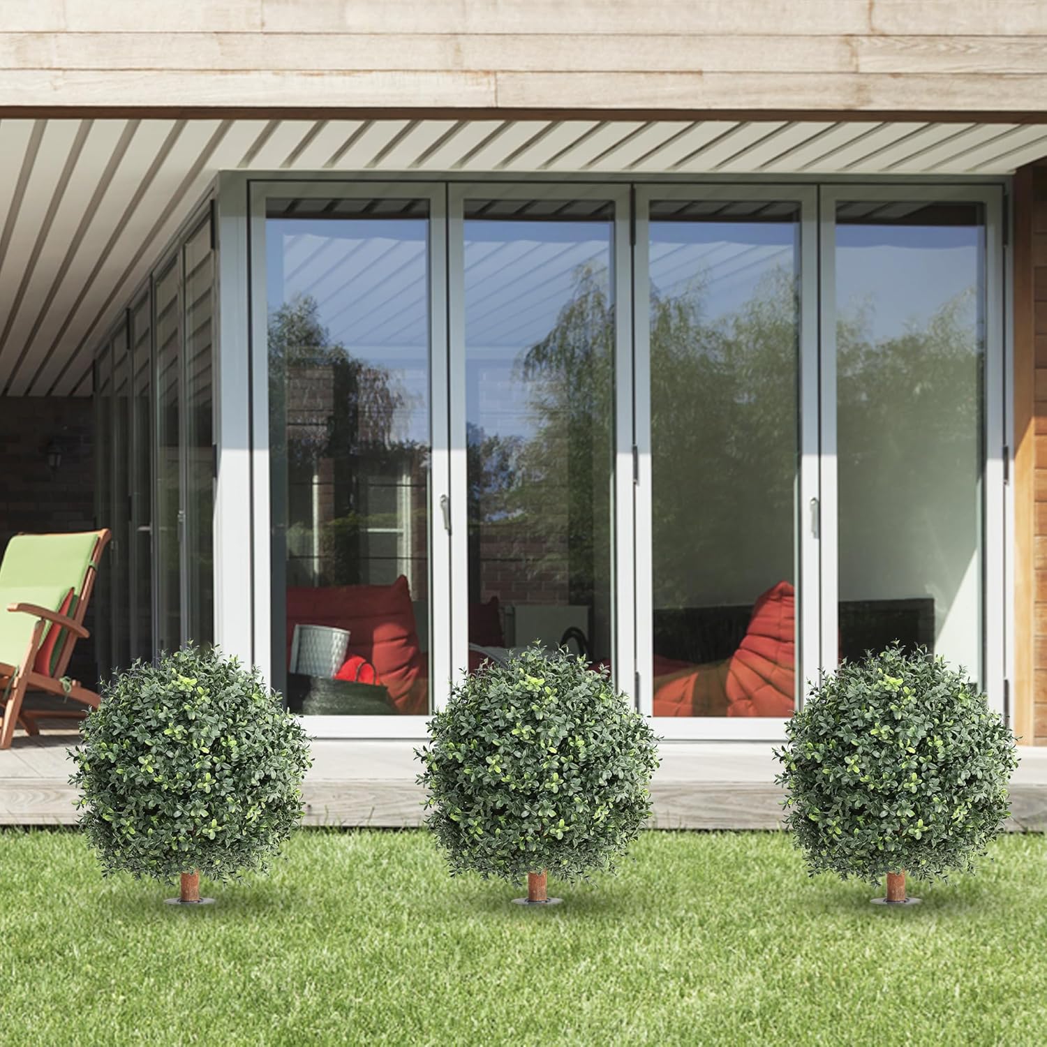 Artificial Boxwood Ball Bush 24" Tree UV Resistance Rated with Spike. Easy to Push in The Ground.Fake Evergreen Tree for Porch.Indoor/Outdoor Decor 2 Pack