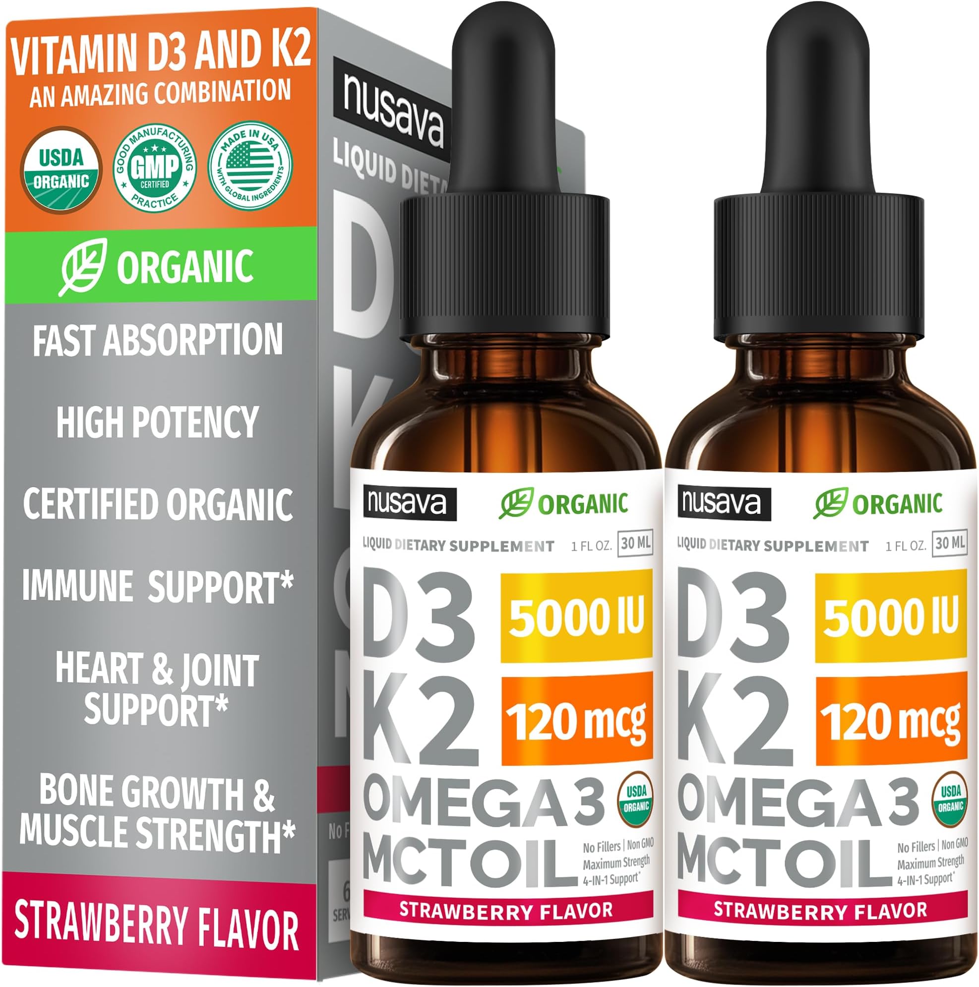 (2 Pack) Organic Vitamin D3 K2 Drops 5000 IU with MCT Oil Omega 3 — Liquid D3, No Fillers, Non-GMO, Immune Support (Strawberry, 2 Fl Oz)