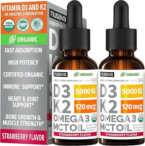 Paquete de 2 gotas orgánicas de vitamina D3 K2 de 5000 UI con aceite MCT Omega 3 - Líquido de máxima resistencia D3 sin rellenos, sin OMG para una