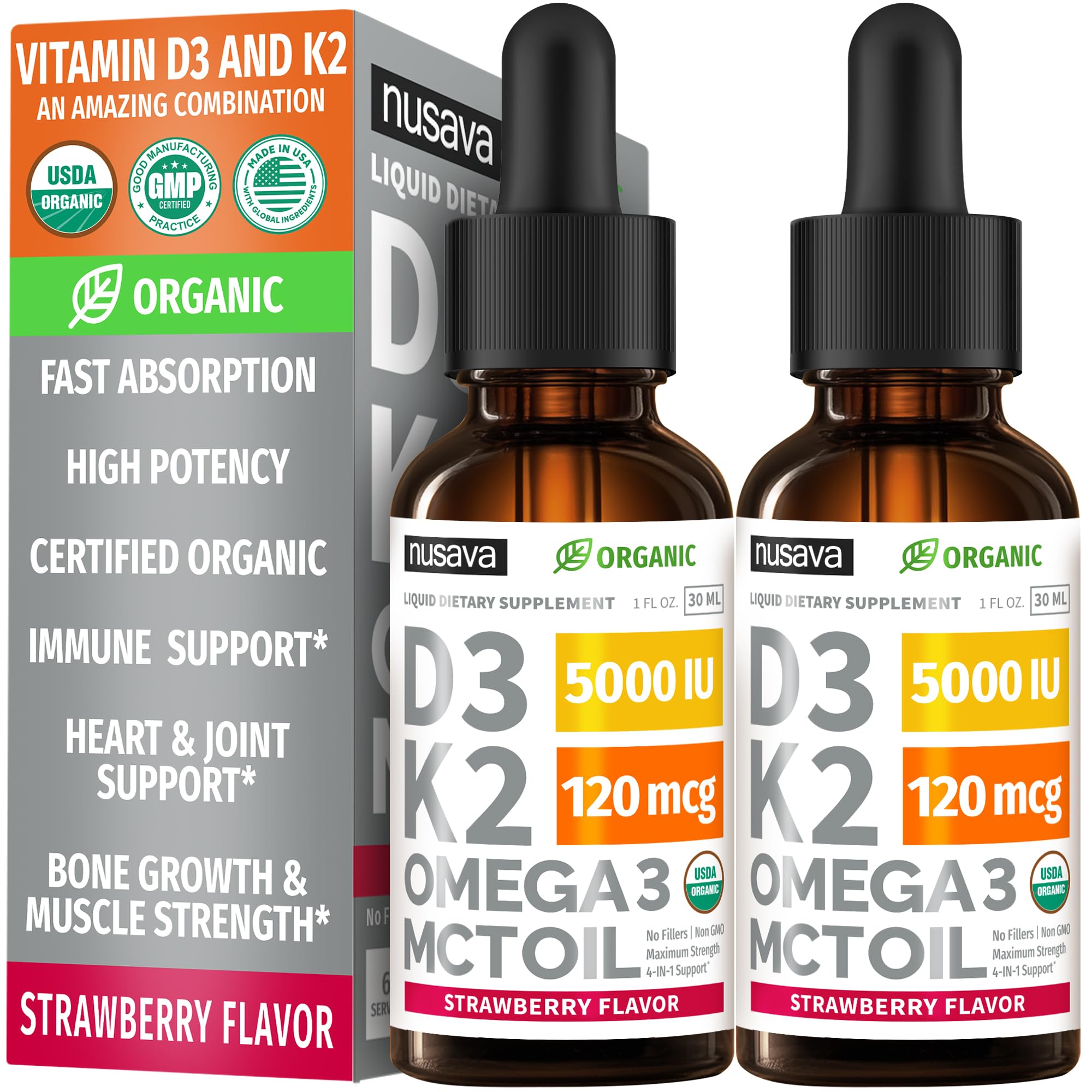 (2 Pack) Organic Vitamin D3 K2 Drops 5000 IU with MCT Oil Omega 3 - Maximum Strength Liquid D3 with No Fillers, Non-GMO for Faster Absorption, Immune Support (Strawberry, 2 Fl Oz)