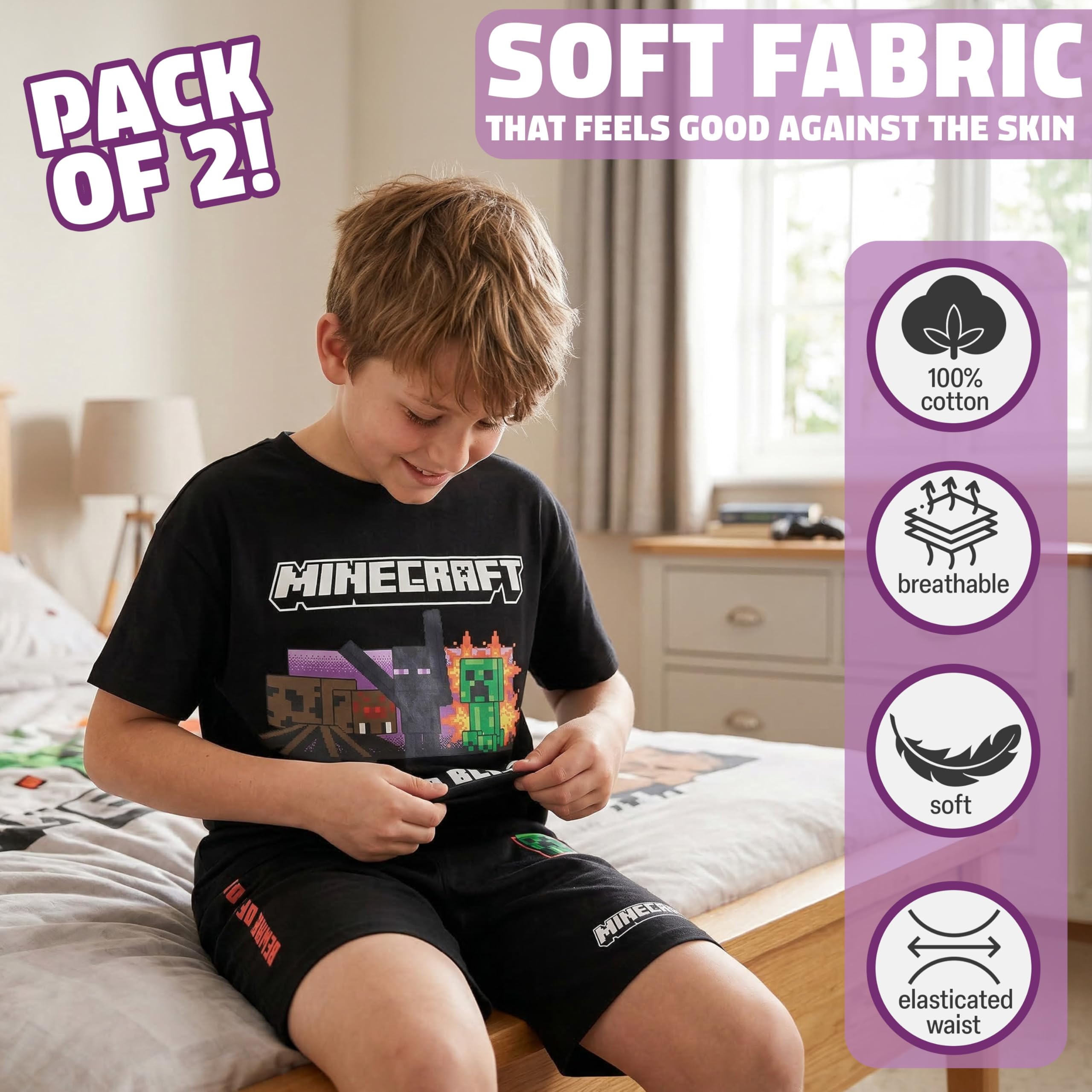 Minecraft Pijama Niño 6-14 Años, Conjunto Corto Creeper, Ropa de Dormir Manga Corta