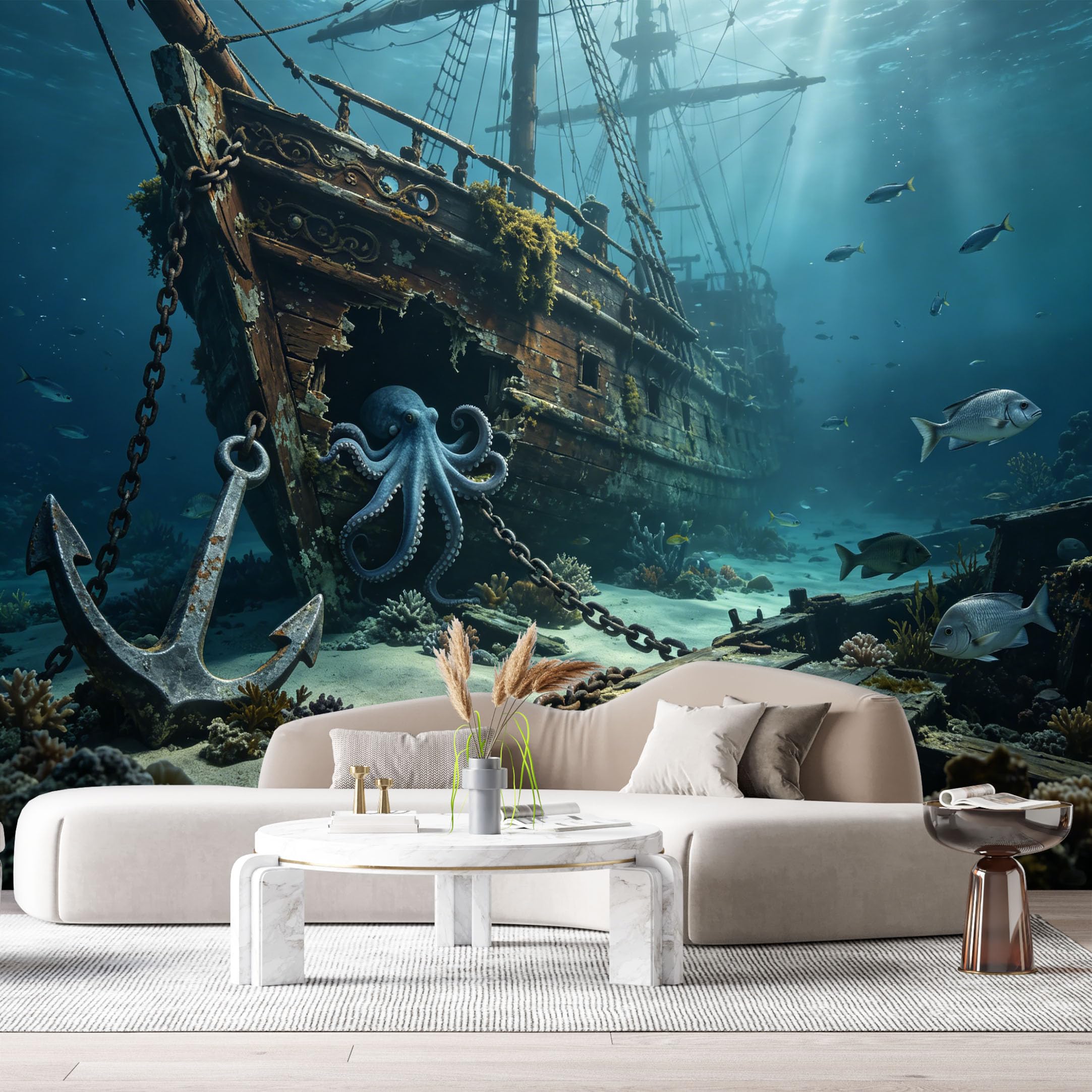Custom Size Wall Murals Deep Sea Ocean Marine 3D Trompe Loeil Sunken Ship Octopus Starfish SelfAdhesiveWall Fabric Removable Wallpaper Wall Decor for Living Room Bedroom Bathroom