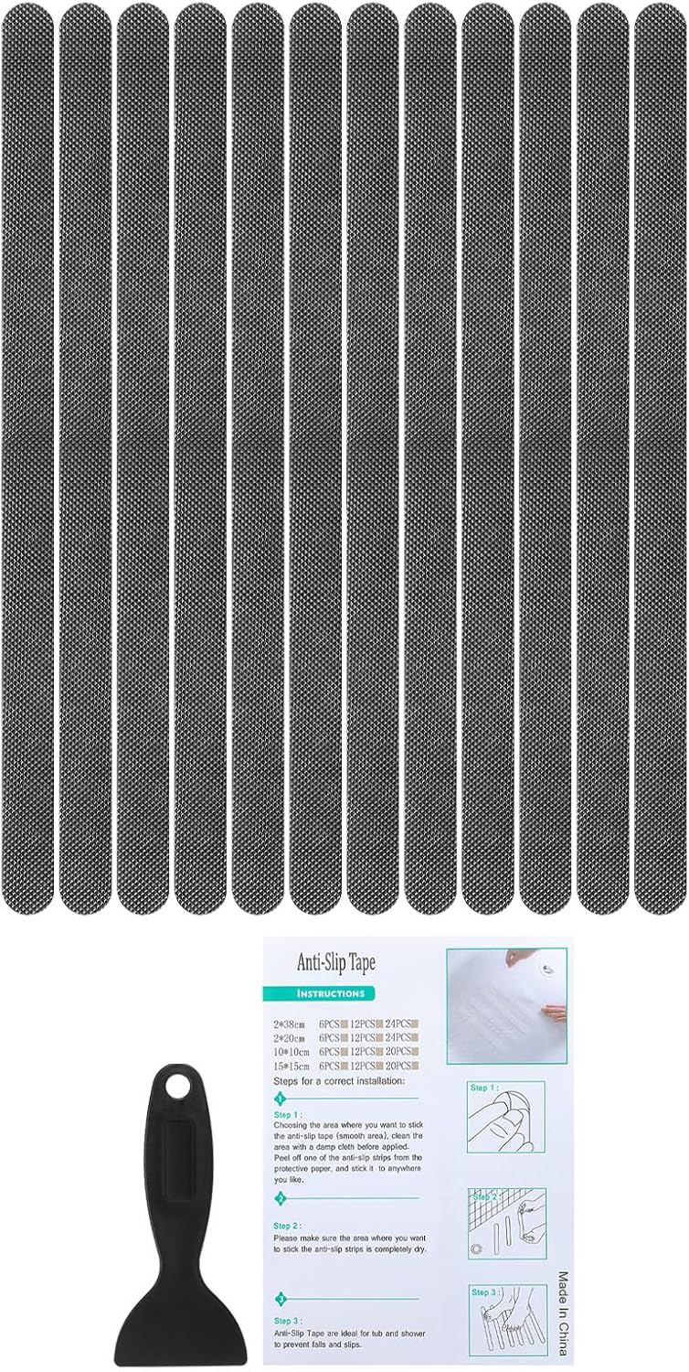 PATIKIL Bathtub Non Slip Stickers 14.96x0.79 Inch, 12 Pack Safety Shower Floor Anti Slip Stickers with Adhesive Decals Scraper for Bath Tub Shower Floor Stair, Gray