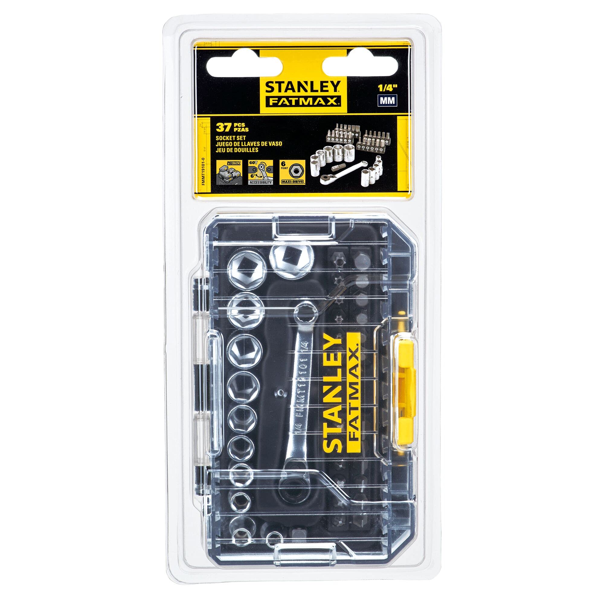 Stanley FMMT19101-0 FatMax - Juego de 37 piezas (1/4", en maletín pequeño, compatible con el sistema T-STAK, incluye llave de carraca, vasos, puntas y portapuntas), color negro y amarillo