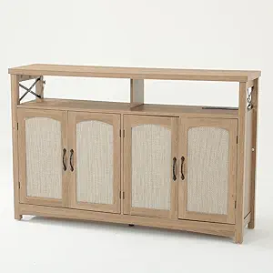 DWVO Farmhouse TV Stand with LED Lights & Power Outlets, Wood Entertainmenr Center w/Rattan Storage Cabinets for TV Up to 60", Boho Console Cabinets with Adjustable Shelves for Living Room (Oak)