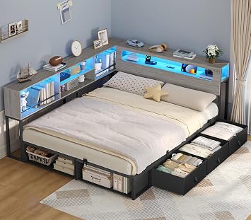 ADORNEVE Corner Bed Frame Full Size with Bookcase Storage & RGB Lights, Charging Station, Metal Daybed with 3 Drawers & 2 Open Cubbies, for Teens, Small Space, Black & Oak Grey