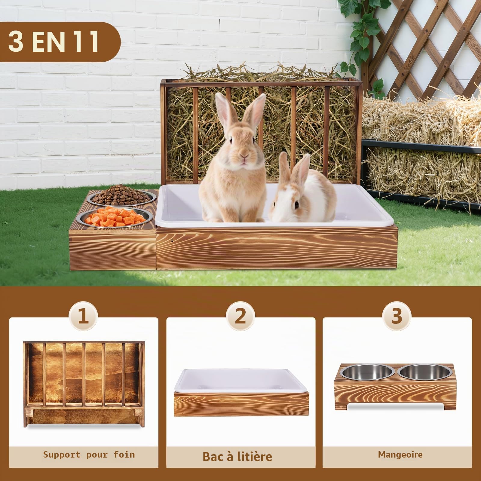 Râtelier à foin 3 en 1 en bois pour lapin, distributeur de nourriture pour petits animaux de compagnie (couleur grillée)