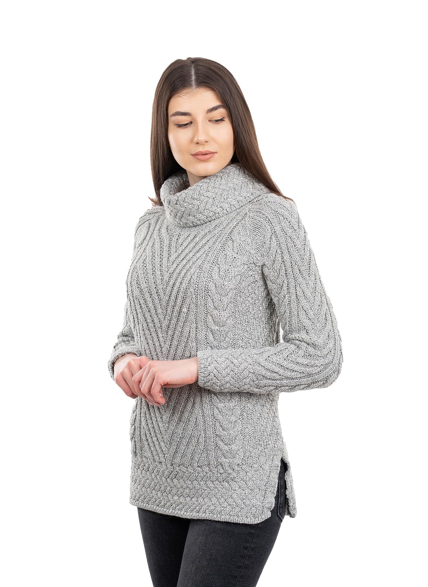 SAOL Maglione da donna lavorato a maglia irlandese a coste a collo alto
