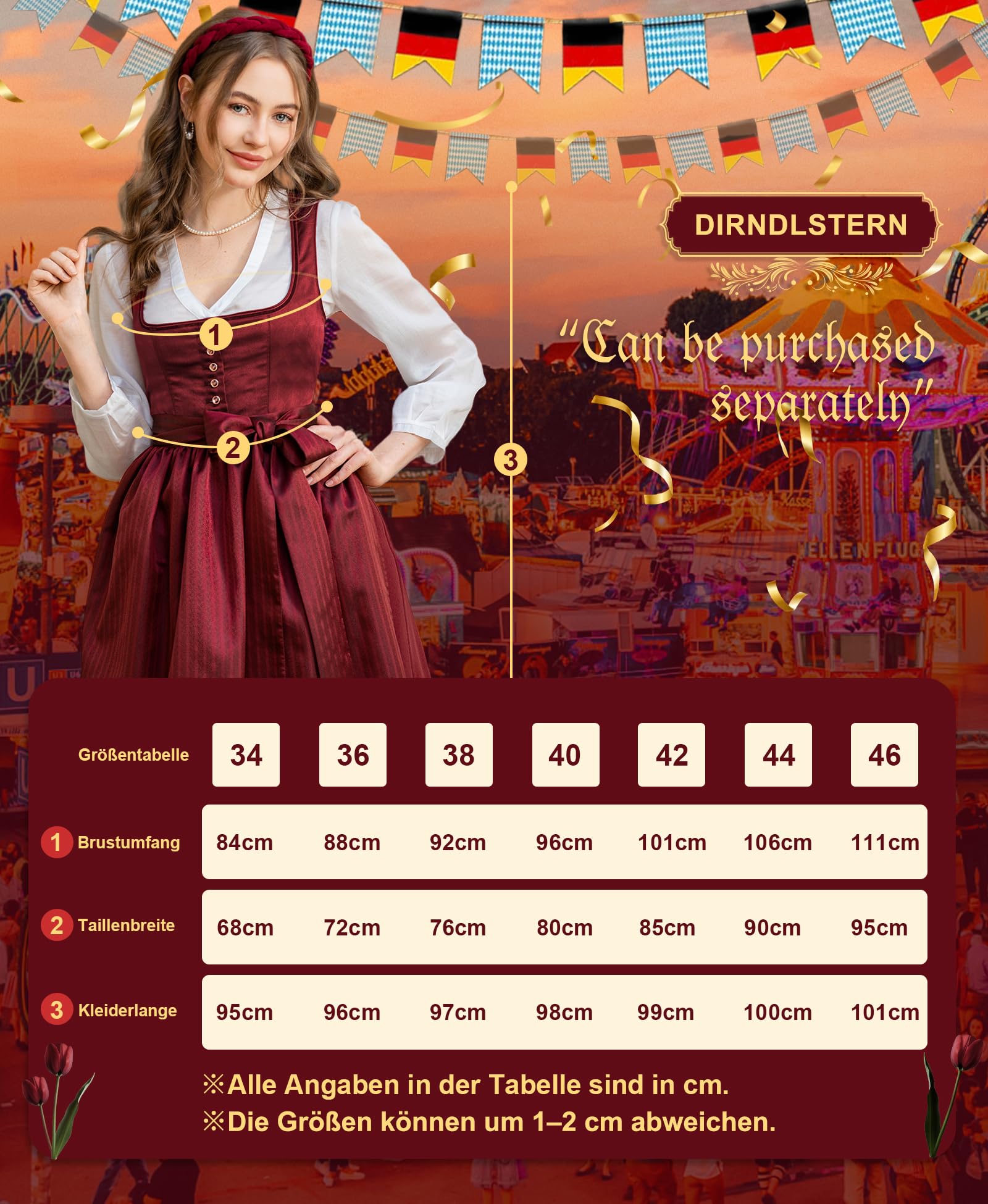 DIRNDLSTERN Damen Midi Rot –Trachtenkleid Damen Dirndlkleid mit Plissee Dirndlschürze für Oktoberfest
