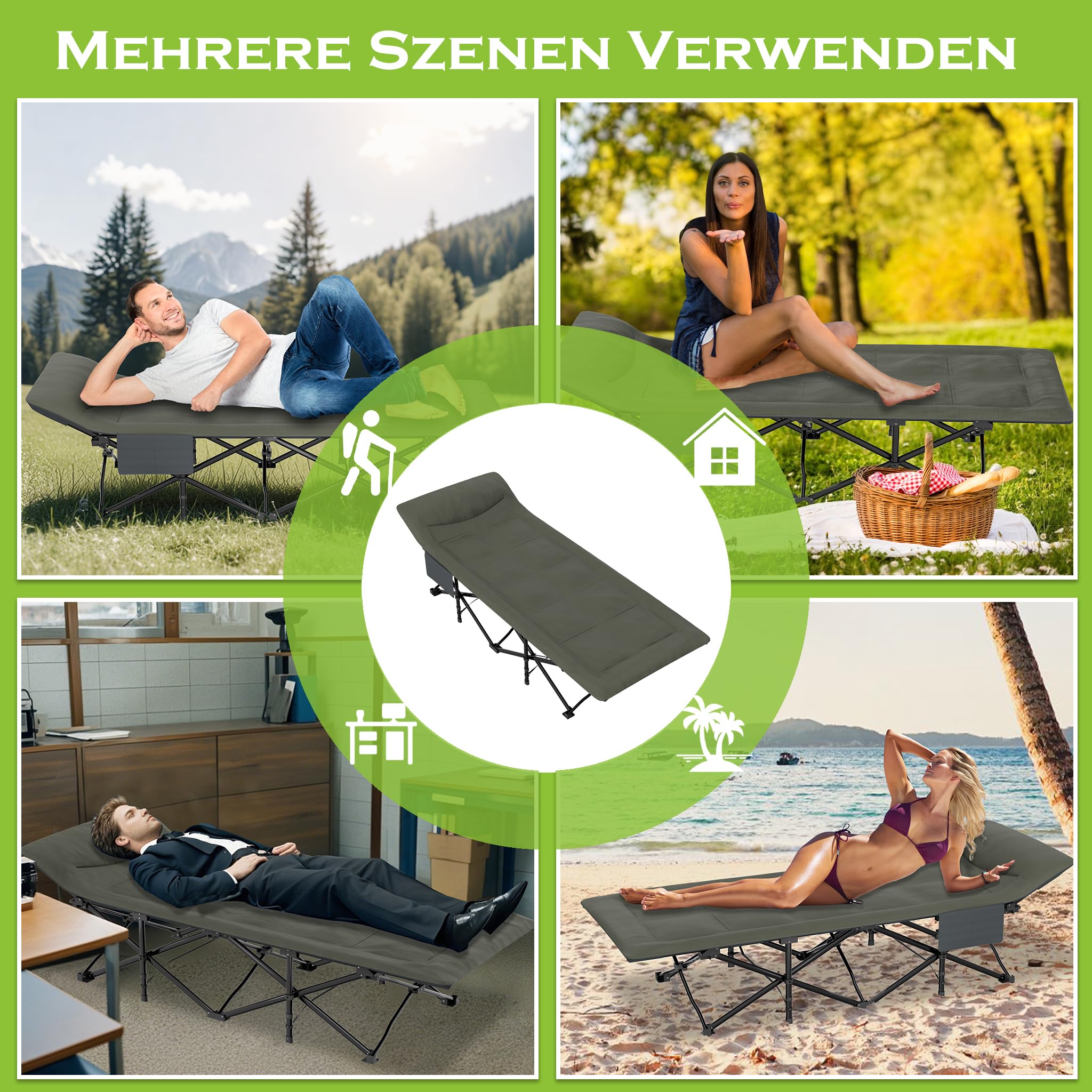 FIVMEN Feldbett Klappbar 185x75 cm Klappbett Campingbett mit Matratze, Kissen und Seitentasche Gästebett Karpfenliege Campingliege bis 250kg Belastbar für Outdoor Camping Garten
