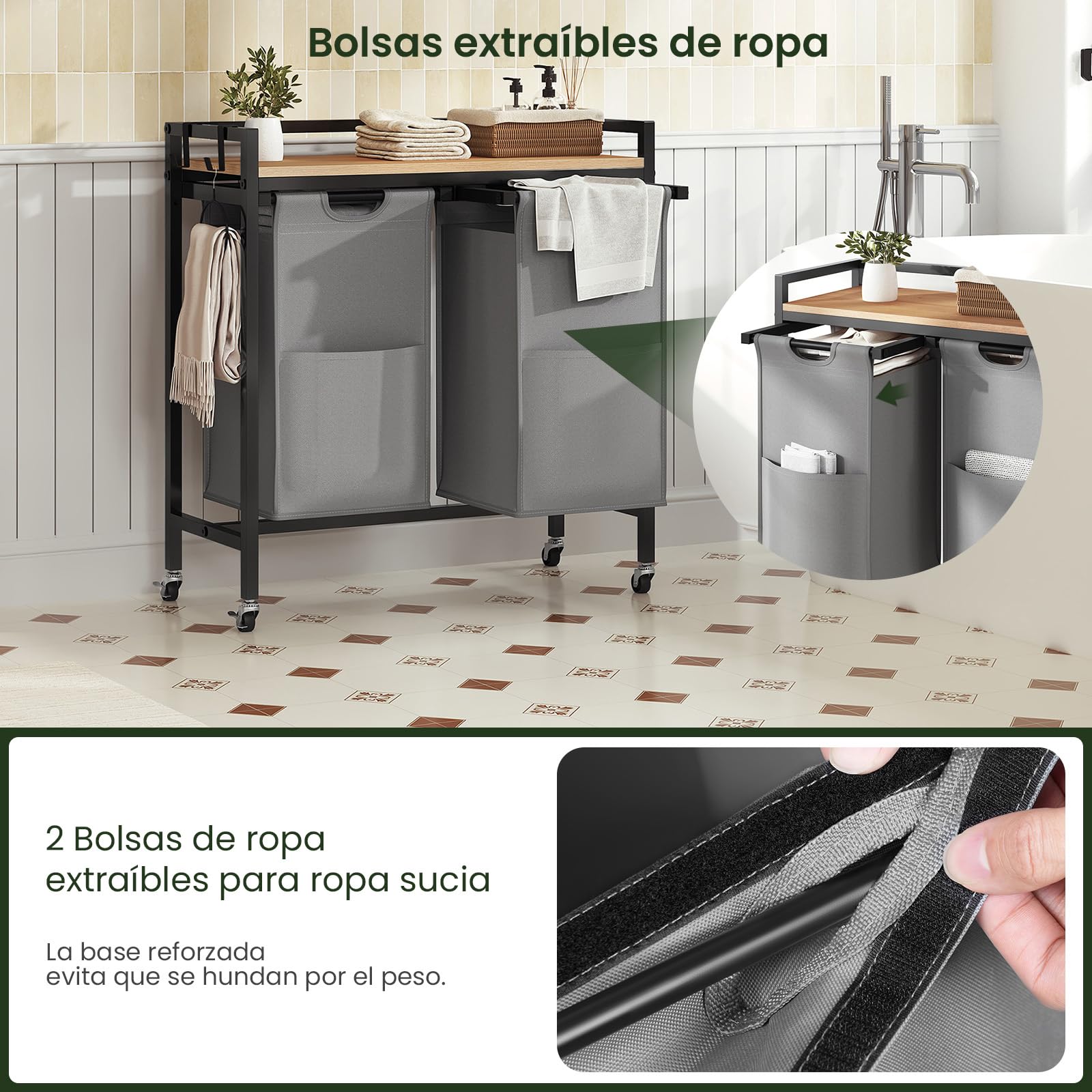 EUGAD Cesto Ropa Sucia, 2 Bolsas Colada de 40 L, Cesta Ropa Extraíble, Mueble Ropa Sucia para Baño y Lavandería, Tela Oxford, Marco Metálico, 70x30x71 cm