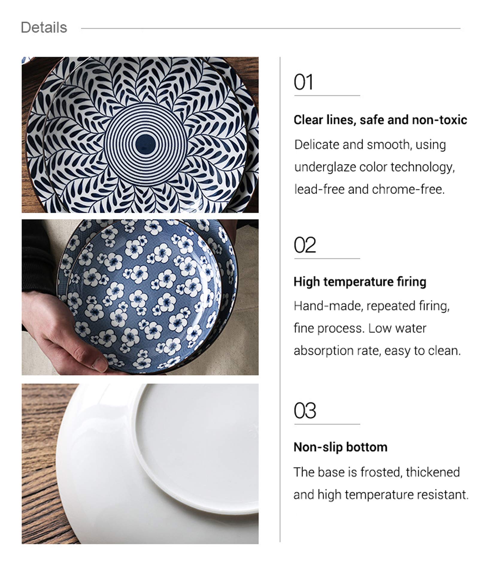 Gegong Plato de pescado de porcelana azul y blanco de 30,48 cm para servir plato floral de cena poco profunda, aperitivo, ensalada, postre y merienda