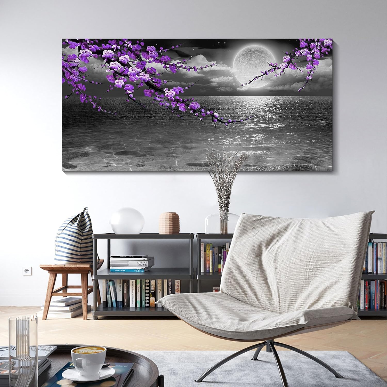 Large Purple Wall Art Decor for Living Room Bedroom Framed Black and White Seascape Full Moon Purple Flower Painting Canvas Picture Modern Hand-Painted Plum Blossom Artwork for Home Office 24x48