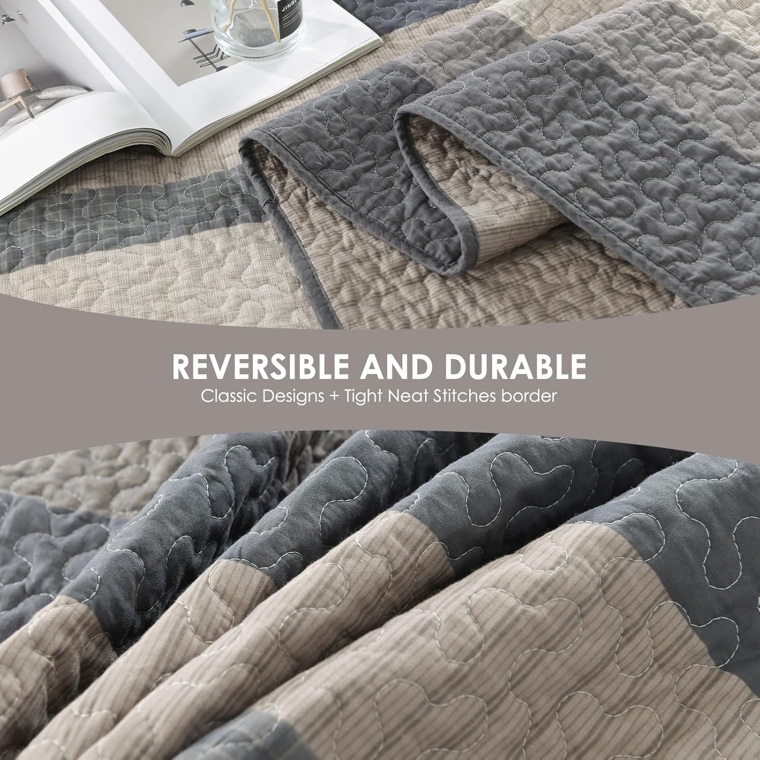 Stripe Quilts King Size - 3 Pieces Quilt Sets - 100% Cotton Farmhouse Bedspread Bedding Set for All Season - Reversible Lightweight Comforter - Brown/Oatmeal/Dark Grey/Smokey Olive