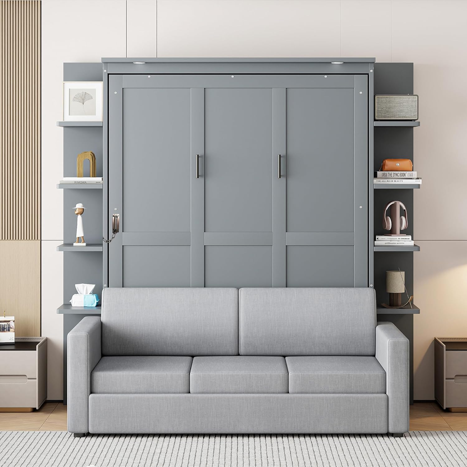 P PURLOVE Queen Size Murphy Bed with Sofa, Wall Bed with Wood Slat Support, Space-Saving Folding, No Box Spring Needed, Easy Assembly, Gray