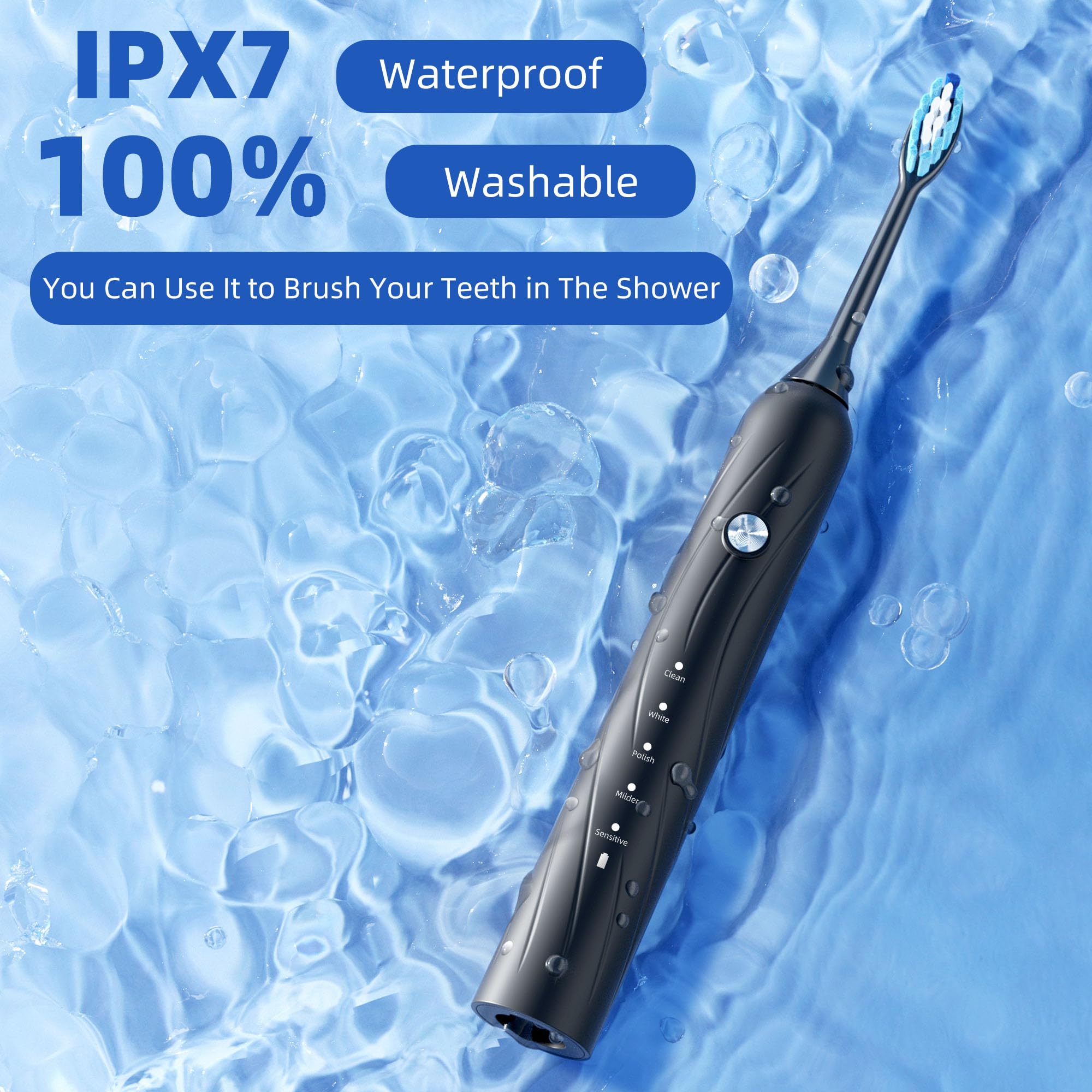 Vexloria Brosse a Dent Electrique Adulte Enfant avec 6 Têtes de Brosse, 5 Modes et Minuterie, IPX7 Brosse à Dents Électrique Ultrasons pour Femmes Hommes, Noir
