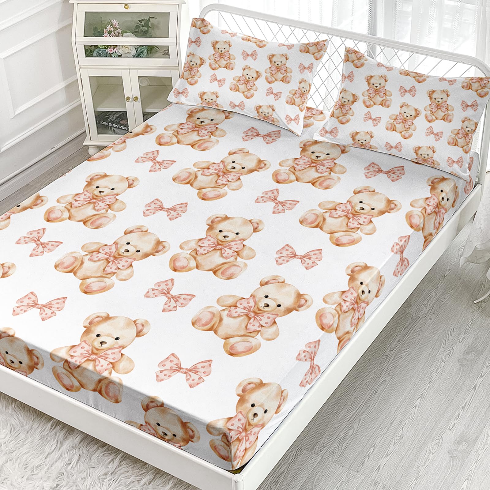 AILONEN Lovely Bear Fitted Sheet Set Queen,Cartoon Bow Tie Bear Bedding Set for Kids Girls,Cute Animal Themed Fitted Sheet with 2 Pillowcases,3Pcs