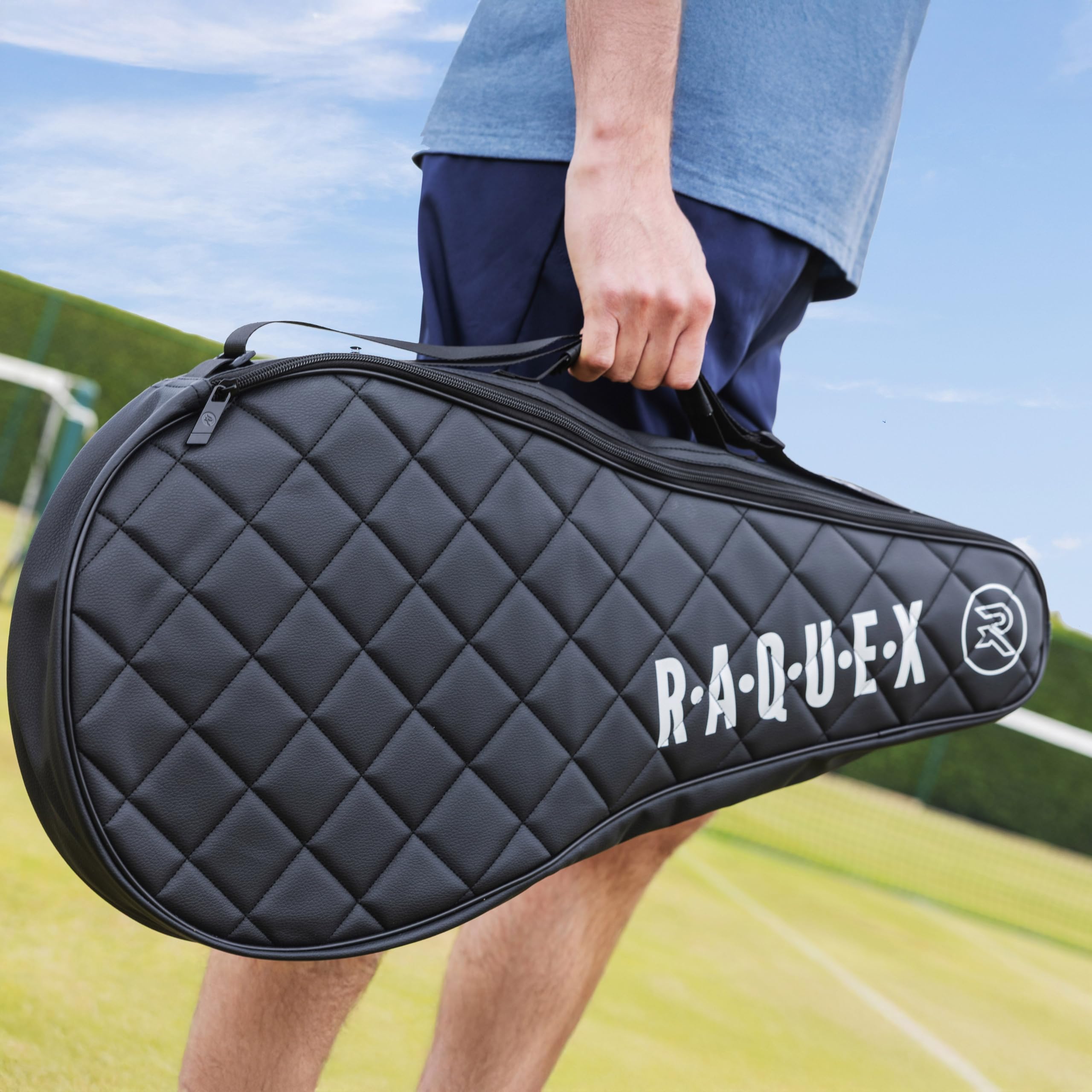 Raquex Elite Housse de protection pour raquette de tennis 2 – Sac avec poignée de transport et bandoulière – Housse matelassée en similicuir rembourré pour raquette de tennis – Noir – Cadeau de sport