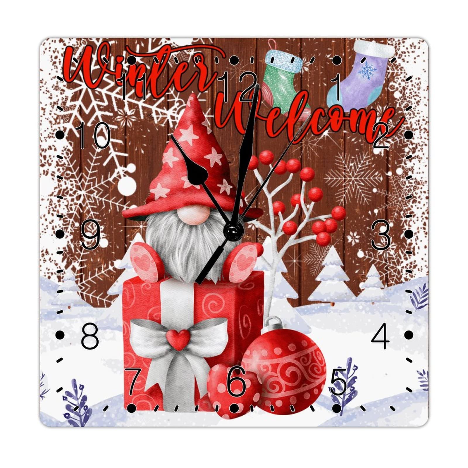 Nain de neige décoratif sur horloge murale silencieuse en bois de 30cm pour cuisine