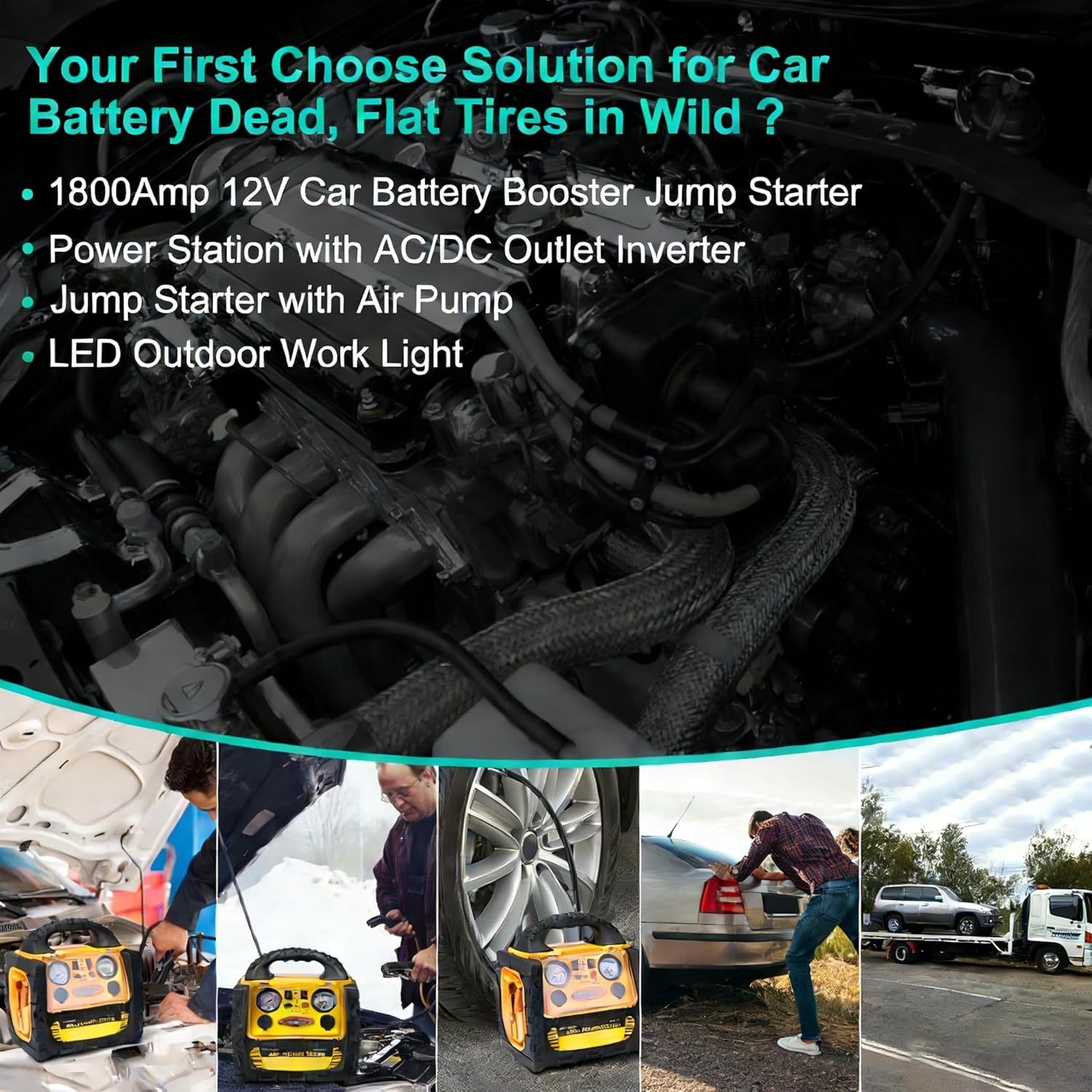 6 in 1 Jump Starter with Air Compressor 150 PSI Tire Inflator,Upgraded 1800A Peak 12V Portable Car Battery Jump Starter,400 Watt Inverter Power Station with AC/DC/USB Outlets (8.0L Gas/6L Diesel) - Image 7