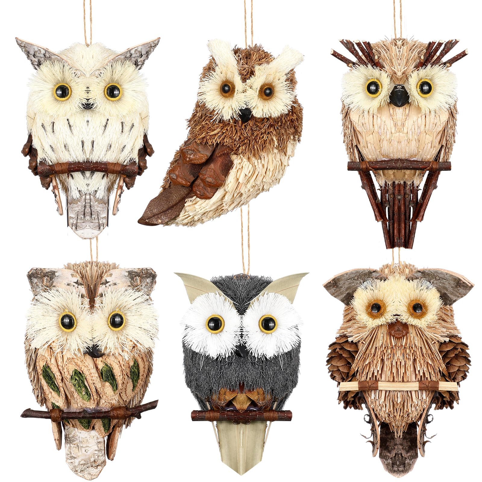 Namalu Confezione da 6 gufi in sisal, statuette di animali in paglia naturale, per ornamenti natalizi rustici, decorazioni realistiche per albero di Natale, artigianato fai da te, decorazioni per
