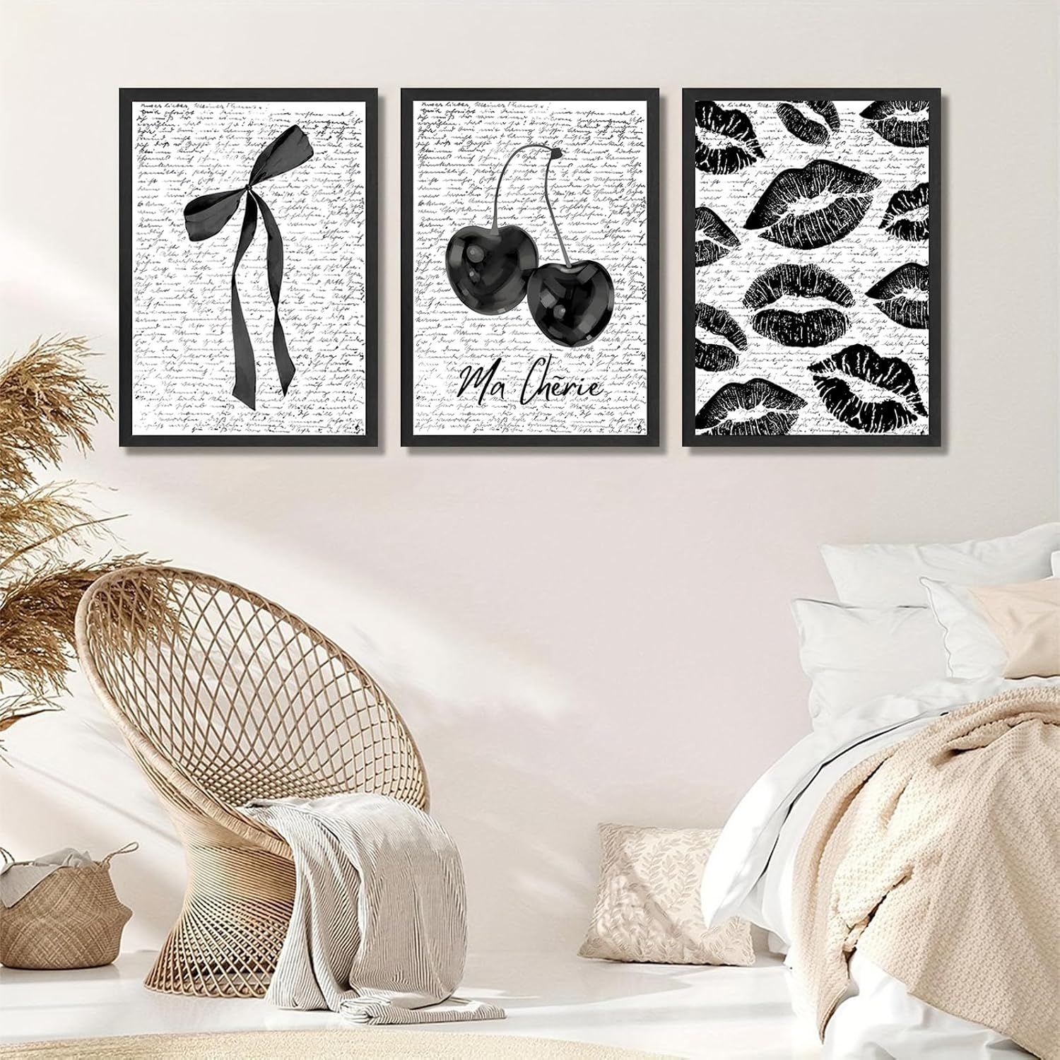 QBZWART Aesthetic Bow Fashion Canvas Prints,Black and White Aesthetic Wall Art Set,Bow Pictures and Trendy Lips Kiss Prints Room Decor for Girly Bedroom 16x24Inch,3 Pieces,Unframed image 4
