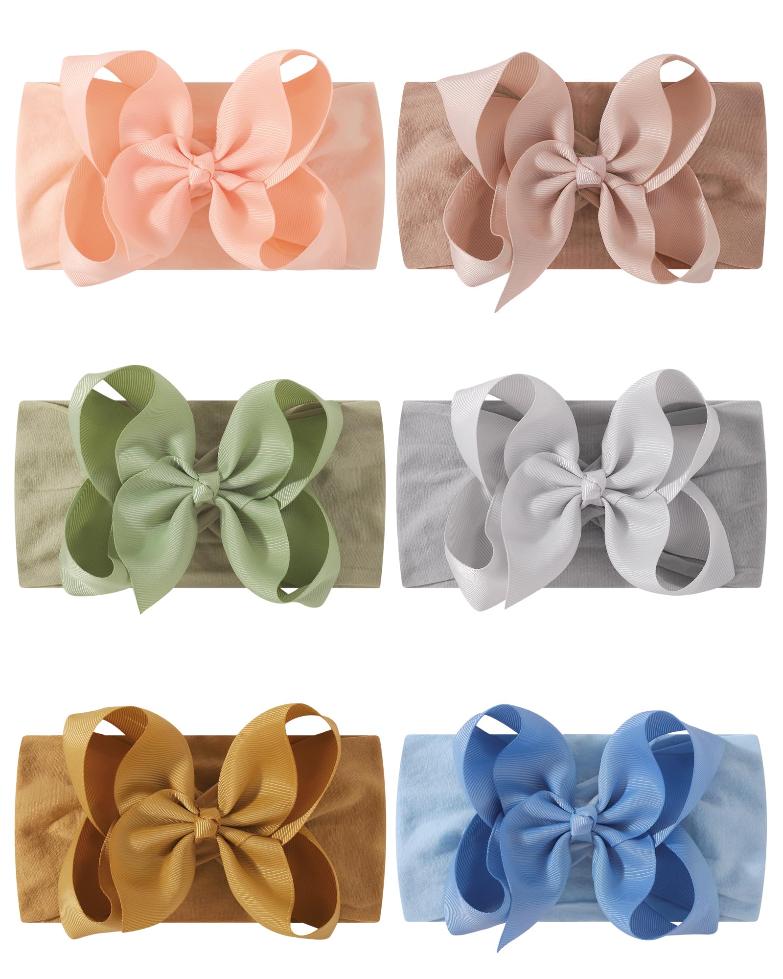 6PCS Baby Girl Bows Big Baby Headbands Ribbon Bow Nylon Headbands | Baby Bows for Baby Girls Infant Newborn Toddler Hair Accessories Green GREY
