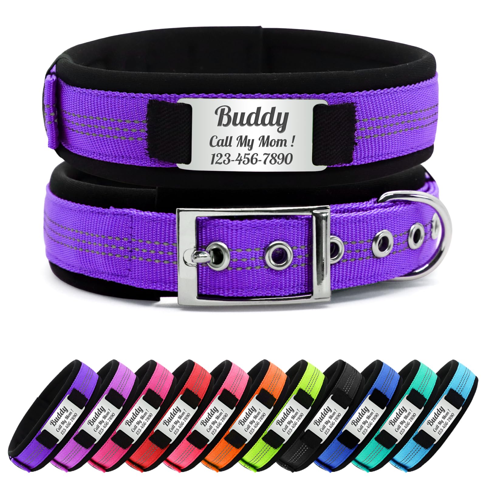 Nylon Reflective Personalised Dog Collar with Name, Customisable Dog Collar with Metal Belt Buckle, Soft Comfort for Pets - Matching Lead Available (Dark Purple)