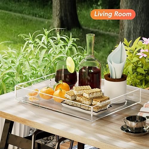 Miniatura 8 de MaxGear Bandeja decorativa acrílica para servir con asas (16 pulgadas, juego de 2), bandejas decorativas transparentes para mesa de café, bandeja