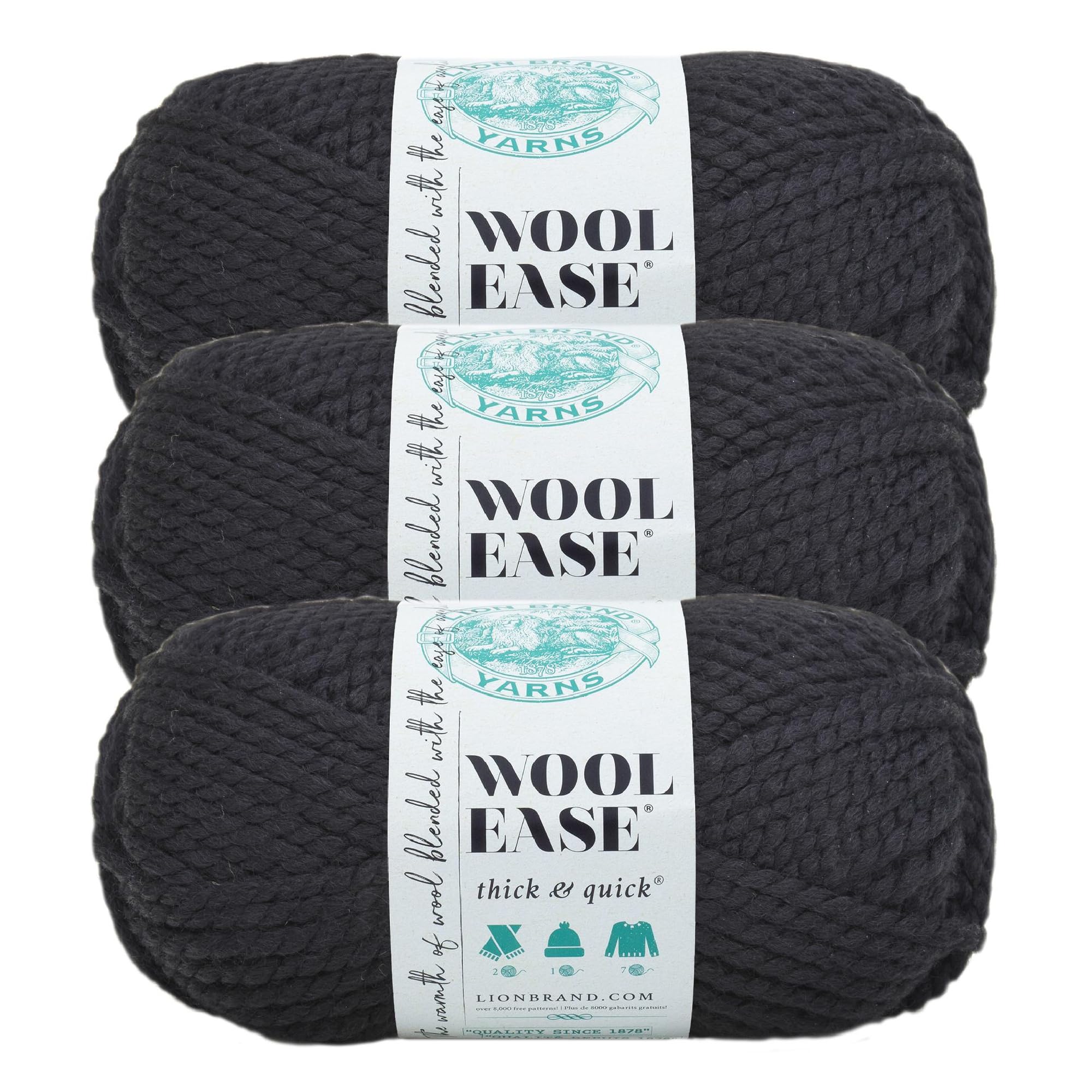 Lion Brand Yarn Wool-Ease Thick &amp; Quick Yarn, Soft and Bulky Yarn for Knitting, Crocheting, and Crafting, 3 Pack, Black